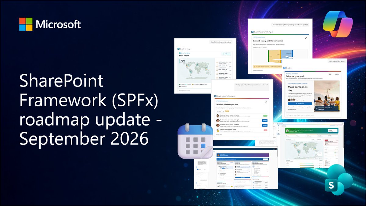 Microsoft365Dev's tweet photo. The September SPFx roadmap update is here 🚀

Copilot UX components are headed for GA in October, bringing interactive experiences into Copilot. SPFx 1.24 also brings React 18 and support for Node.js 24 and 26.

Read more → https://t.co/h1y0CgNBU2

#Copilot #Microsoft365 #SPFx https://t.co/Ll9uYnV10L