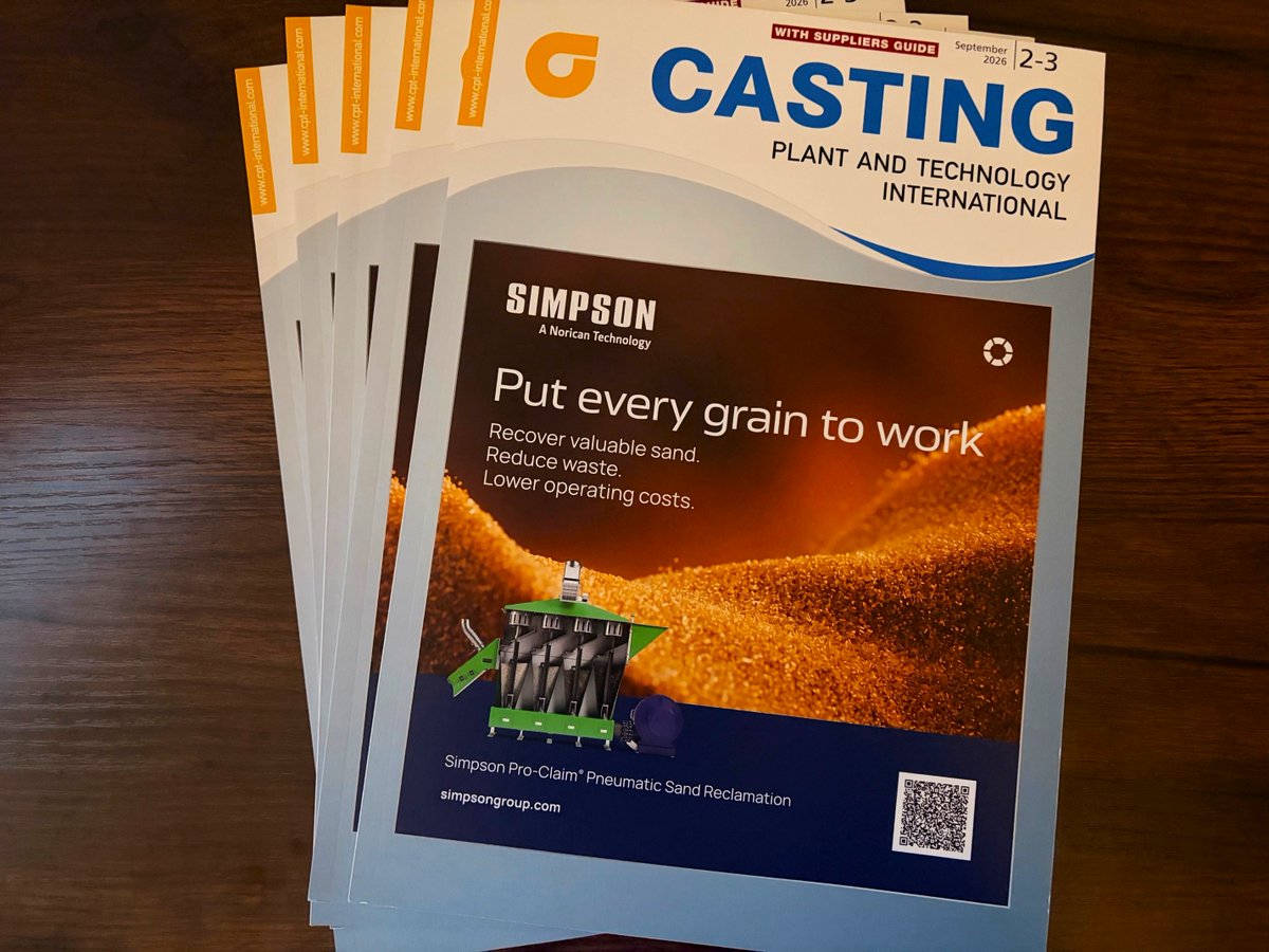 Simpson_Group's tweet photo. Simpson is on the cover of Casting Plant &amp; Technology International! The September issue features a customer success story on replacing thermal reclamation with the Simpson Pro-Claim® and achieving ROI in under one year.

📖 Read more: https://t.co/8ItD86pWJj https://t.co/EU7qInbqKj