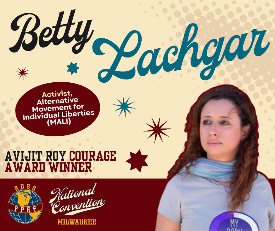 FFRF's tweet photo. Imprisoned Moroccan activist Ibtissame "Betty" Lachgar will receive the Avijit Roy Courage Award at #FFRFCon26. Learn more about Betty ➡️ https://t.co/ETNgFV7u5Y

📍 Oct 15-18 in Milwaukee, WI

Register today ➡️ https://t.co/uxyjntvZNj https://t.co/QqXoxkuJjg