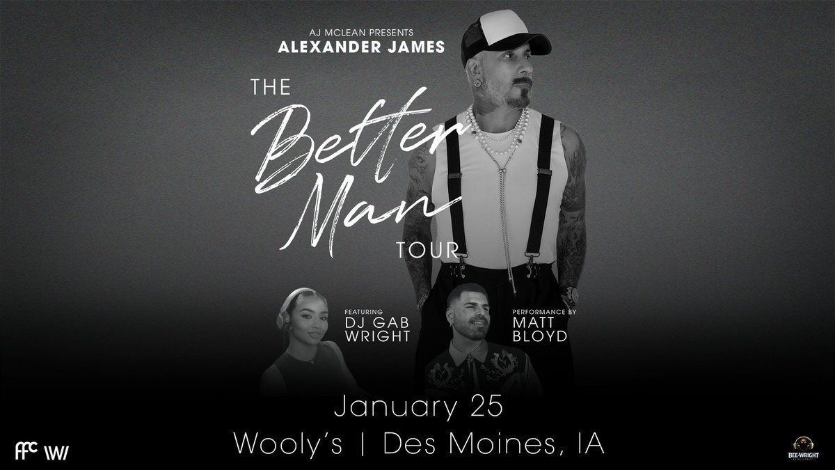 Woolysdm's tweet photo. Lock in your tickets for @aj_mclean presents Alexander James and The Better Man Tour featuring DJ Gab Wright and Matt Bloyd on January 25th! 🙌

Local presale code: BETTERMAN27
🎫 https://t.co/IWkRYs2RH4
Code valid until 10:00 PM Thursday, October 1st. https://t.co/EJZTdcHbT6