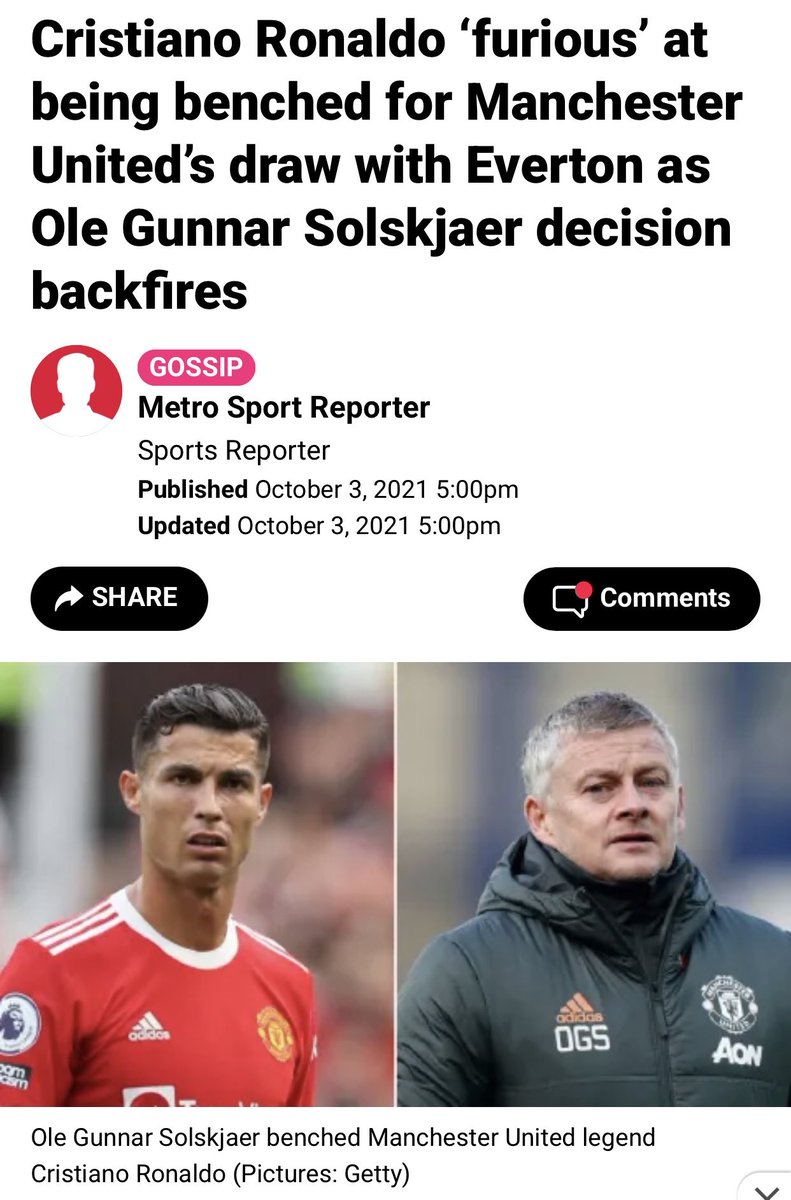 Moon_AGD's tweet photo. Remember when we were top of the league under Ole but Ronaldo getting benched for 53 mins meant the beginning of an entire circus that derailed our season. https://t.co/CO52p4bEMj
