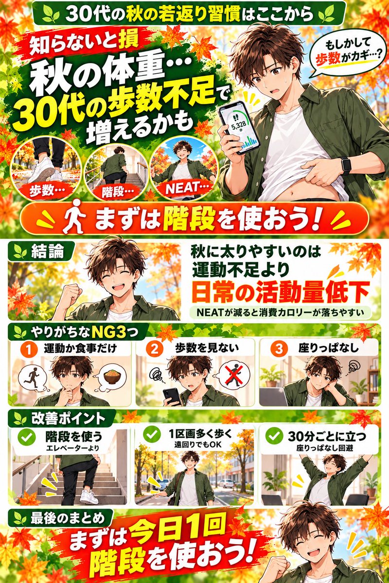 30Leafy's tweet photo. 食べすぎてないのに秋になると体重が増える30代
運動不足より日常の歩数が減ってるのが原因かもしれない

消費カロリーの多くは歩く・立つなどの日常動作で使われてる
日が短い秋はこの活動量が落ちやすい

まず今日1回だけ階段を使うだけでOK

#秋太り #運動習慣 https://t.co/kaux4ORThl