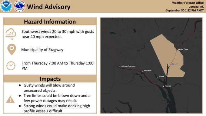 A National Weather Service 'Wind Advisory' from September 30 for the Municipality of Skagway in Juneau, AK, warning of southwest winds 20-30 mph with gusts near 40 mph from Thursday 7:00 AM to 1:00 PM, with a map highlighting the affected area.