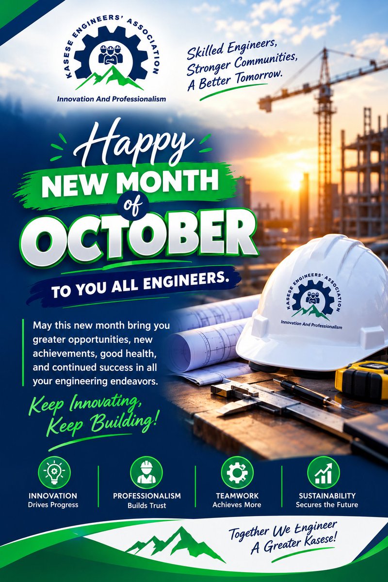 Kea20261's tweet photo. Happy New Month of October to all Engineers! 💚⚙️

Skilled Engineers, Stronger Communities, A Better Tomorrow.  
Keep Innovating. Keep Building.  
_Together We Engineer A Greater Kasese!_

#HappyNewMonth #KEA #InnovationAndProfessionalism https://t.co/Rg23o5vCVo