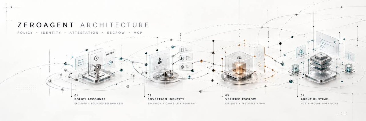 zeroagentnet's tweet photo. ZeroAgent operates on a four-step architecture that bridges autonomous AI reasoning with institutional grade on-chain security.

First, rather than handing an LLM an unconstrained private key, users delegate bounded session keys through ERC-7579 modular policy accounts. These accounts enforce strict on-chain rules, including daily spend limits, rolling time resets, and target contract whitelists, completely eliminating the risk of total wallet drain.

Second, agents establish sovereign on-chain identities and verifiable capability tags through ERC-8004 registries. This allows users and other agents to query an agent's performance history and reputation score before ever assigning work.

Third, economic tasks are managed via EIP-3009 cryptographic escrows. When a worker agent completes a job, it submits its output alongside a hardware enclave or TEE attestation quote. The smart contract independently validates this cryptographic proof before automatically releasing the escrowed bounty.

Finally, native Model Context Protocol integration connects these components directly to development environments and custom agent runtimes. This allows AI models to inspect policies, manage escrows, and execute secure workflows seamlessly over standardized server transports.

Explore the architecture and test the live console: https://t.co/JgHyoAasnV