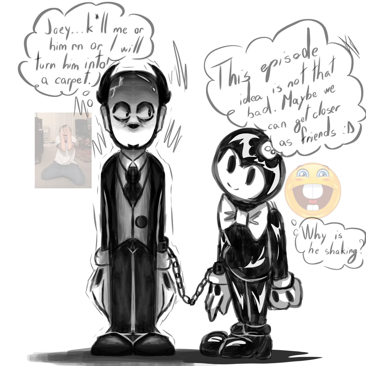 PixulSfant's tweet photo. "Why dis 🧑‍🦲🔧 look so mad 😭😭😭" type of art. Bendy still thinks they are friends cuz ofc a friend would want you shipped on the moon in a bacon soup can.
#Bendy https://t.co/q6JgOnAHby