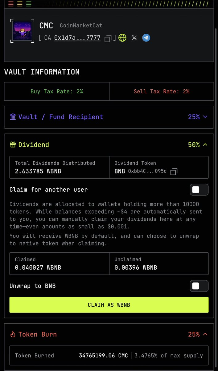 Coin_Market_Cat's tweet photo. $CMC CoinMarketCat is being built as a long-term play, not a quick pump.

2% buy/sell tax powers the flywheel:

🔥 25% goes directly to burning $CMC
💰 50% distributed to holders in BNB
🏦 25% goes toward continued development

Already:

🔥 34,765,199 $CMC burned, 3.47% of max supply
💰 2.63+ BNB distributed to holders

Every trade reduces supply, rewards holders and funds continued development.

And there’s a bigger reason we chose BNB rewards. Binance acquired CoinMarketCap in 2020, so building $CMC CoinMarketCat around the BNB ecosystem gives us a natural connection to keep pushing for attention from Binance and CZ.

Nothing guarantees a Binance listing or CZ interaction, but we’re building with that possibility in mind and putting ourselves in the best position we can.

Long term. Sustainable flywheel. Bigger targets.

0x1d7a8bac5458bf5274656ca704b02a9d4c2f7777

$CMC | CoinMarketCat 🐱