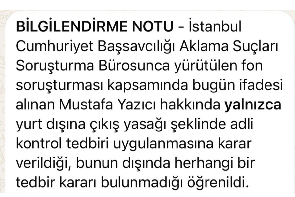 ahmetsahmets's tweet photo. Hayati Yazıcı’nın oğlu Mustafa Yazıcı’nın mal varlığına tedbir uygulandığı ortaya çıktıktan sonra oluşan panik havası hata yaptırmaya devam ediyor. Önce öyle bir tedbir kararı yok diye servis ettiler, sonra da uyguladıkları kararı kaldırdılar. Madem tedbir yoktu neyi kaldırdınız?

İlgili yazının sonunda, “İlgili kurumlar nezdinde mal varlığı ve para hareketlerine yönelik tedbir uygulanan ve aşağıda isimleri belirtilen kişiler ile ilgili olarak alınan ifadeler ve toplanılan diğer deliller doğrultusunda, söz konusu tedbirlerin ve durdurma kararının kaldırılmasına karar verilmiştir” yazmasına rağmen Adalet Bakanlığı manipülasyon ağına mensup olanlara yalan bilgi içeren “bilgi notu” geçilerek konunun üzeri örtülmeye çalışılıyor.