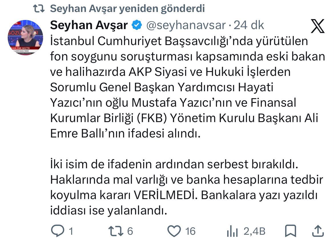ahmetsahmets's tweet photo. Hayati Yazıcı’nın oğlu Mustafa Yazıcı’nın mal varlığına tedbir uygulandığı ortaya çıktıktan sonra oluşan panik havası hata yaptırmaya devam ediyor. Önce öyle bir tedbir kararı yok diye servis ettiler, sonra da uyguladıkları kararı kaldırdılar. Madem tedbir yoktu neyi kaldırdınız?

İlgili yazının sonunda, “İlgili kurumlar nezdinde mal varlığı ve para hareketlerine yönelik tedbir uygulanan ve aşağıda isimleri belirtilen kişiler ile ilgili olarak alınan ifadeler ve toplanılan diğer deliller doğrultusunda, söz konusu tedbirlerin ve durdurma kararının kaldırılmasına karar verilmiştir” yazmasına rağmen Adalet Bakanlığı manipülasyon ağına mensup olanlara yalan bilgi içeren “bilgi notu” geçilerek konunun üzeri örtülmeye çalışılıyor.