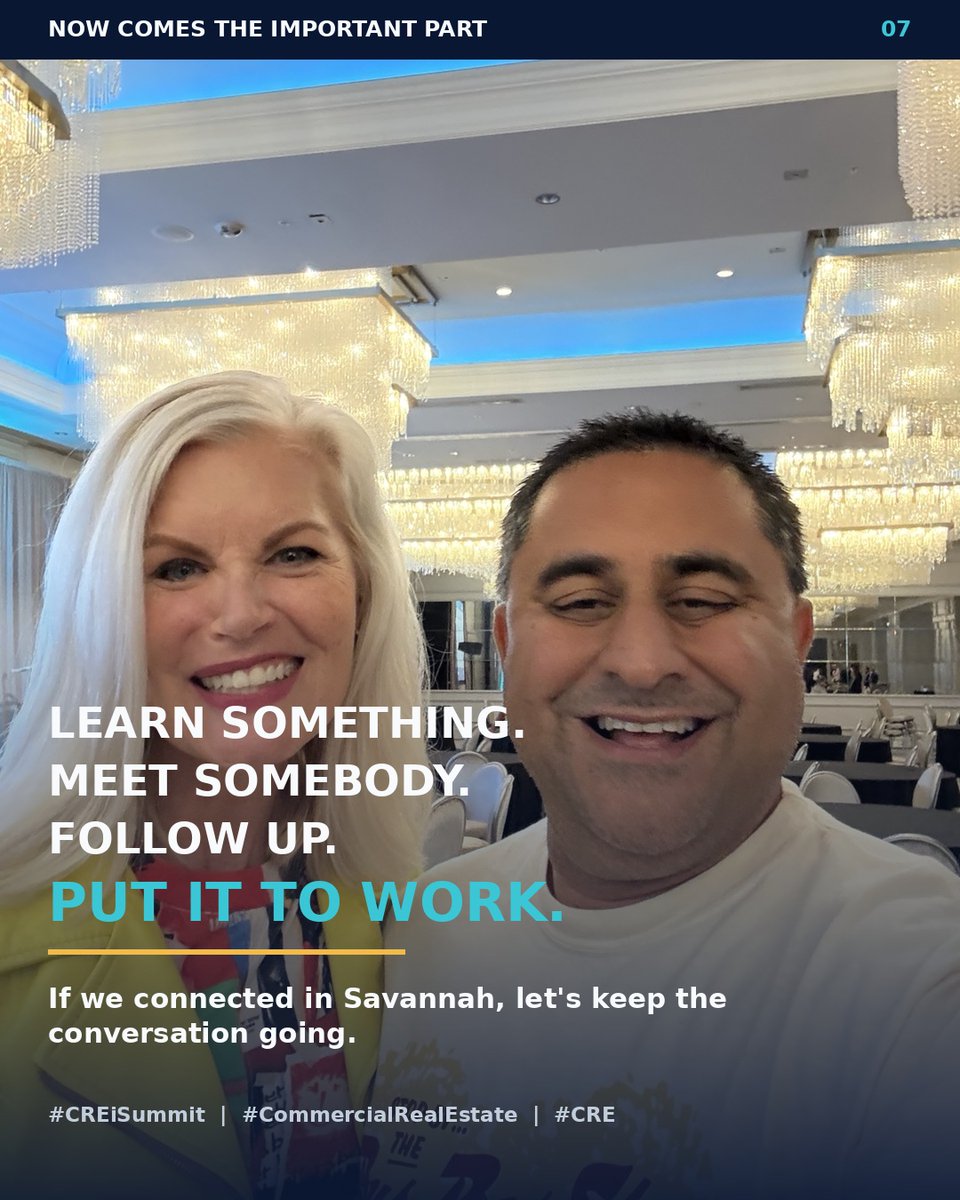 VGRealEstateNC's tweet photo. Back from #CREiSummit in Savannah with golden nuggets:
💡 Find the Spend. Follow the signals.
💡 Ordinary things, done consistently, lead to extraordinary results.
💡 Ask everyone questions.
💡 Niche down.
Learn. Meet. Follow up. Execute. 💪
#CRE #vgrealty #kwcommercial #CCIM https://t.co/ZJTQgNQ5AW