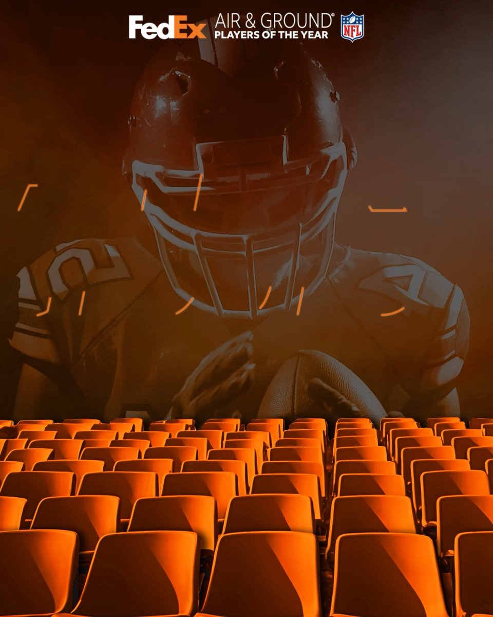 A dramatic promotional graphic for 'FedEx AIR & GROUND PLAYERS OF THE YEAR' featuring the NFL logo, showing an NFL player in a helmet holding a football looming over empty orange stadium seats.