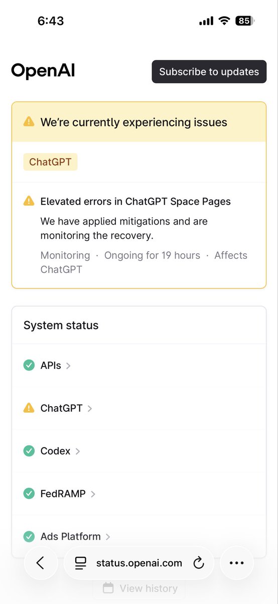 webooker_log's tweet photo. ChatGPTで19時間前から障害らしい。
朝からスマホアプリ版のChatGPT使えぬ🥲
#ChatGPT 
https://t.co/gJWJrTNtZr https://t.co/zMWoBIIhd3