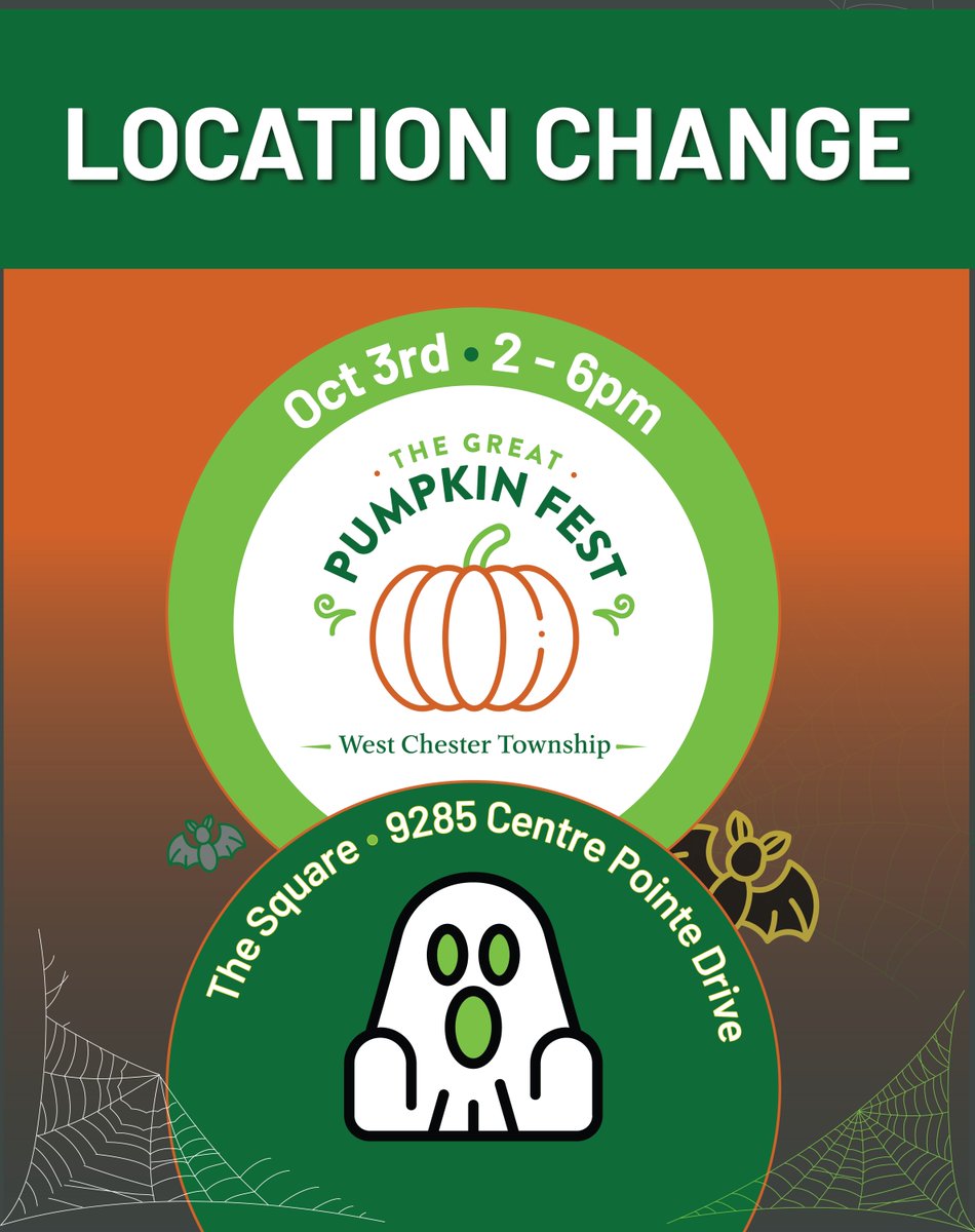 westchestertwp's tweet photo. Find your Halloween spirit and enjoy a great family afternoon at The Great Pumpkin Fest on Saturday, Oct. 3, 2-6 p.m. at The Square at Union Centre. 
Please note, this location changed due anticipated rain and adverse parking conditions at Keehner Park. https://t.co/pgYsQmJPAp