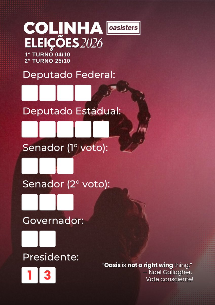 oasisterss's tweet photo. 🚨 ENGOLE O CHORO E FAZ O L 

Em tempos de ataques à democracia e à soberania nacional, votar é defender um país livre, democrático e soberano.
Pensando nisso, o Oasisters preparou uma colinha, pra ninguém ficar perdido na hora de votar. 

Se informem, e votem com consciência! https://t.co/KTXwmjkwxE