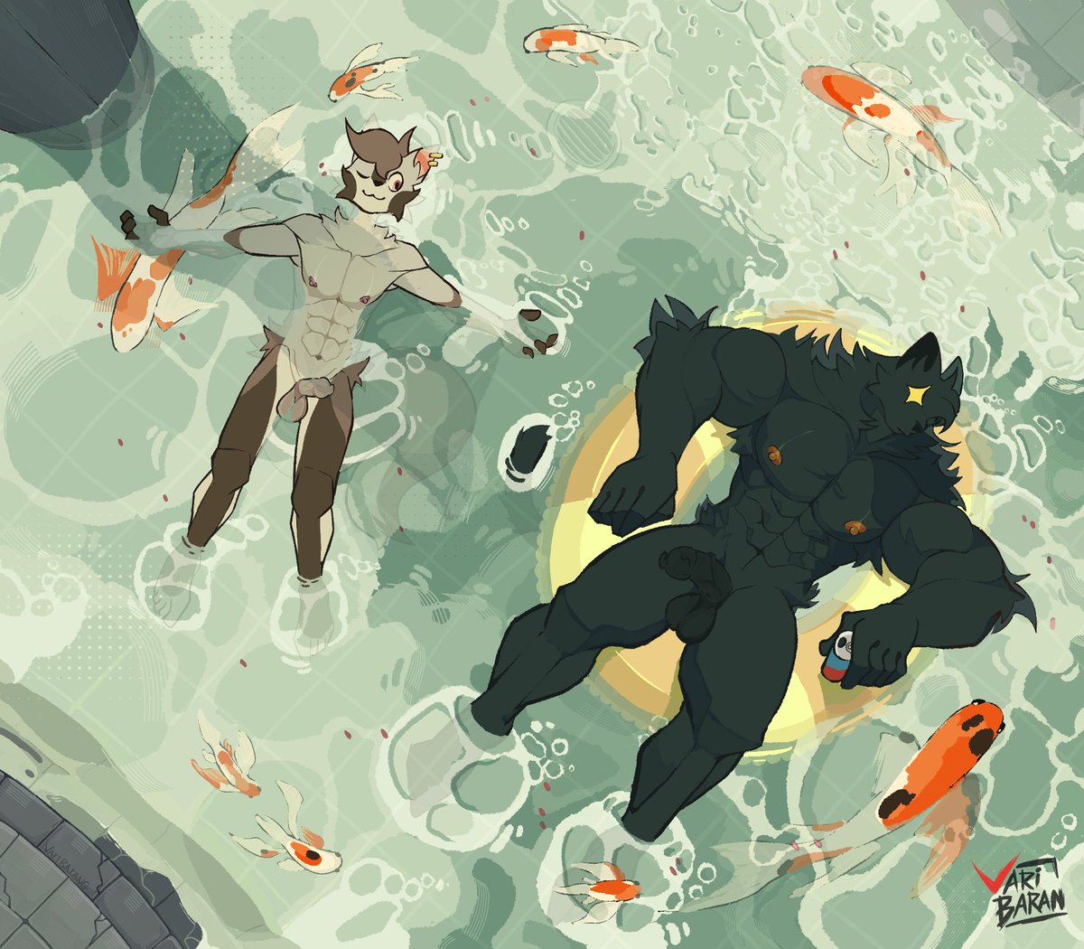 VariBaran's tweet photo. Varian and Riot taking a little bath at the temple~
Been waiting to draw these two together like this for a while 👀 
#nsfw #cats #bara https://t.co/XJq8BbIeWy