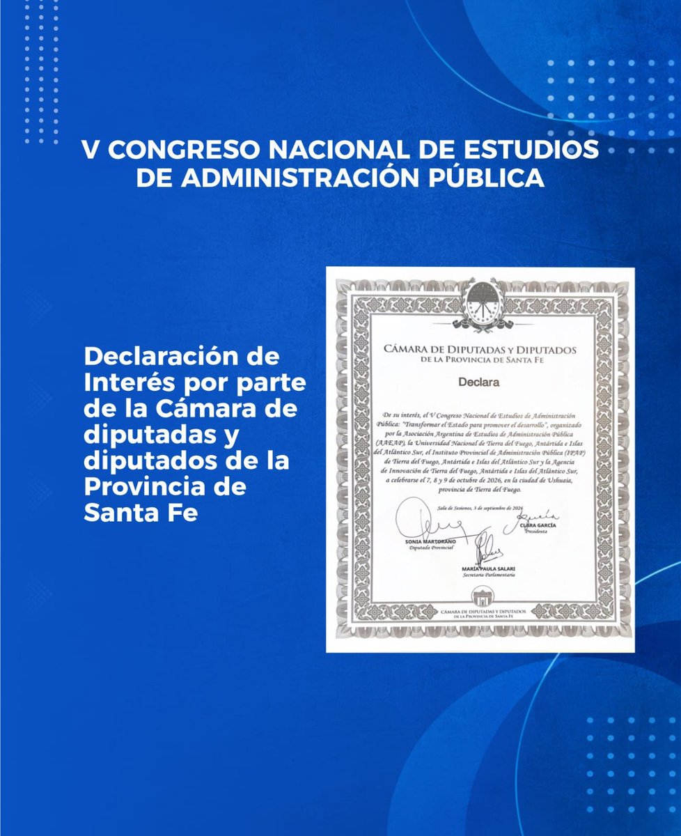 AAEAPok's tweet photo. V Congreso Nacional de Estudios de Administración Pública.

👉🏼 Agradecemos a la cámara de diputados y diputados de la provincia de Santa Fe y al gobierno provincial de Tierra del Fuego, Antártida e Islas del Átlantico Sur por los reconocimientos. 

👏🏼 Destacamos el compromiso de los gobiernos provinciales y reivindicamos el carácter federal del V Congreso de Administración Pública: Transformar el Estado para promover el desarrollo. 

🔜 Cada vez falta menos, pero aún estas a tiempo de sumarte. Inscribite en https://t.co/BnLD18E50p 

📌 7, 8 y 9 de octubre en Ushuaia, Tierra del Fuego, Antártida e Islas del Atlántico Sur.

Modalidad virtual y presencial.

@UNIRuniversidad @UNTDF @ICSEUNTDF