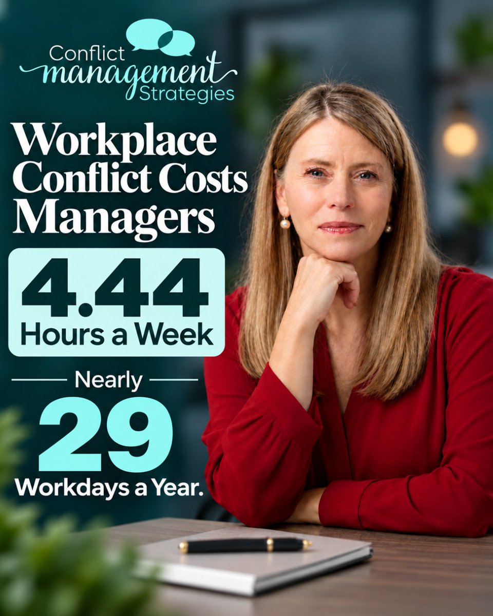 CarolNBowser's tweet photo. Workplace conflict takes more time than leaders realize 👀

A 2026 study found managers spend 4.44 hours a week on conflict, nearly 29 workdays a year and $157B in manager time. Do your leaders know how to handle it well? DM me to start a conversation. https://t.co/nJCUlZj9Xn