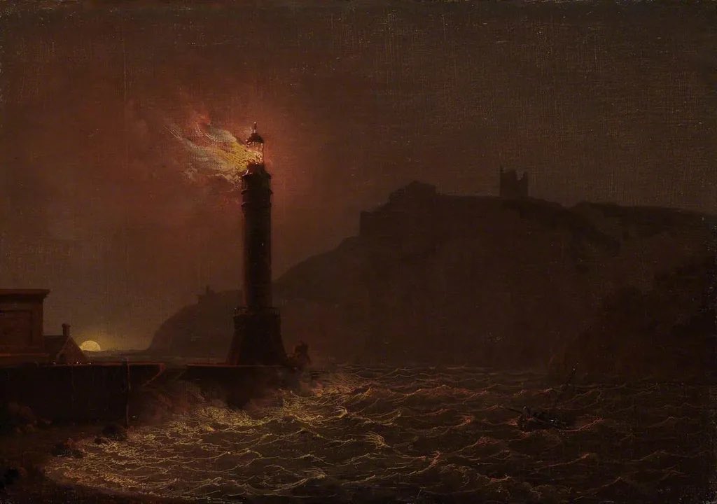 macanders's tweet photo. A Lighthouse on Fire at Night, Joseph Wright of Derby, oil on canvas, 1796. Fitzwilliam Museum. https://t.co/IQjhdycwrn