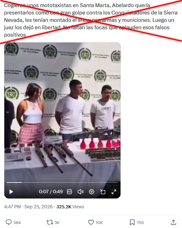 AfpFactual's tweet photo. 🇨🇴 ¿Un video muestra “falsos positivos” detenidos en Santa Marta, Colombia, durante un operativo del gobierno de De la Espriella?

❌ Falso. El video circula desde 2025, antes de que asumiera De la Espriella y son presuntos miembros del Clan del Golfo. 

https://t.co/L4pWuscYGG https://t.co/uRuJSjFetp