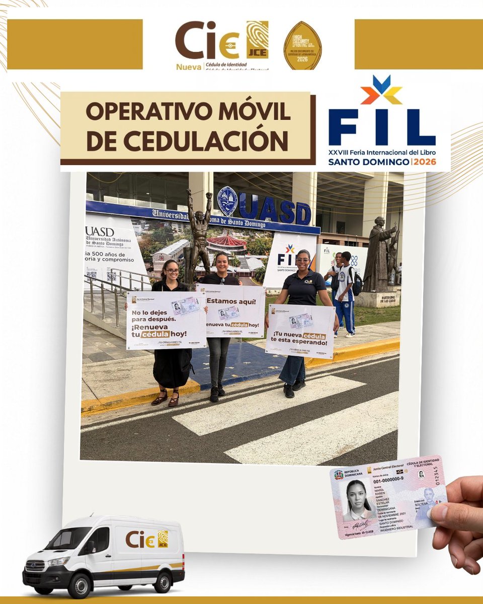 juntacentral's tweet photo. Los operativos móviles de Los Pinos, La Vega, y Hatillo, San Cristóbal, continúan llevando la renovación más cerca de sus comunidades. ¡Gracias a quienes ya se acercaron y realizaron su proceso!

📚 Y si estás en Santo Domingo, recuerda que seguimos en la Feria Internacional del Libro hasta el 4 de octubre.

¡Aprovecha, acércate y renueva tu cédula! No importa la fecha de tu cumpleaños.

Tu cédula eres tú, porque tu identidad es única.

#NuevaCedulaRD #FILSD2026