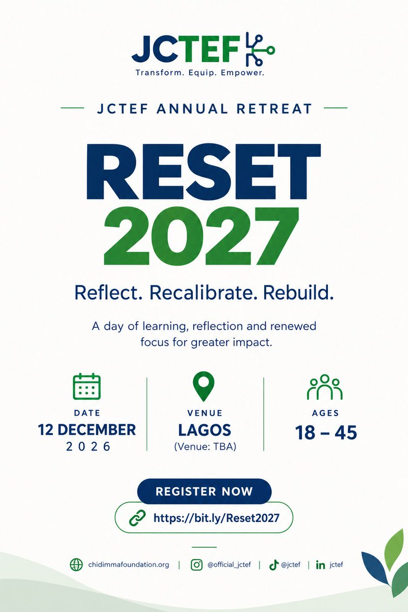 Official_jctef's tweet photo. JCTEF ANNUAL RETREAT 2026 

Registration is now officially OPEN! 🥳

Click the link below to register:
🔗 https://t.co/kGL3a8Z7BX

Only 50 slots are available
Registration will be on a first come, first served basis,so secure your spot now.

We look forward to having you with us https://t.co/ZIMzPR6qwX