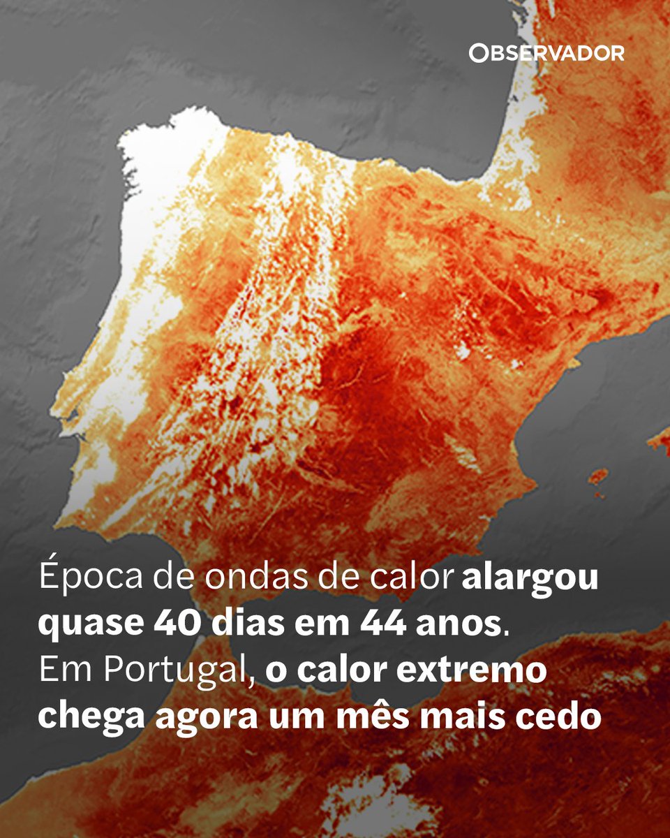observadorpt's tweet photo. A janela de risco de ondas de calor cresceu 27 dias em Portugal desde 1979, aumentando cerca de sete dias por década entre 1979 e 2023. No mundo, foram mais 38 dias.

Saiba mais através do link nos comentários. 

#Meteorologia #CalorExtremo #AlteraçõesClimáticas https://t.co/xgz0CQSZuV