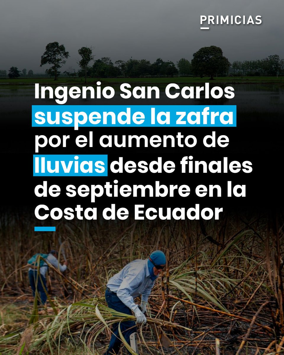 Primicias's tweet photo. El miércoles 30 de septiembre de 2026, el ingenio azucarero San Carlos informó que suspendió la zafra de caña. Con esto se reducirá la producción de azúcar y la empresa tampoco podrá aportar con 40 MW al sistema eléctrico como lo solía hacer.
https://t.co/ddteMbvs4L https://t.co/dOPyjL8cVS