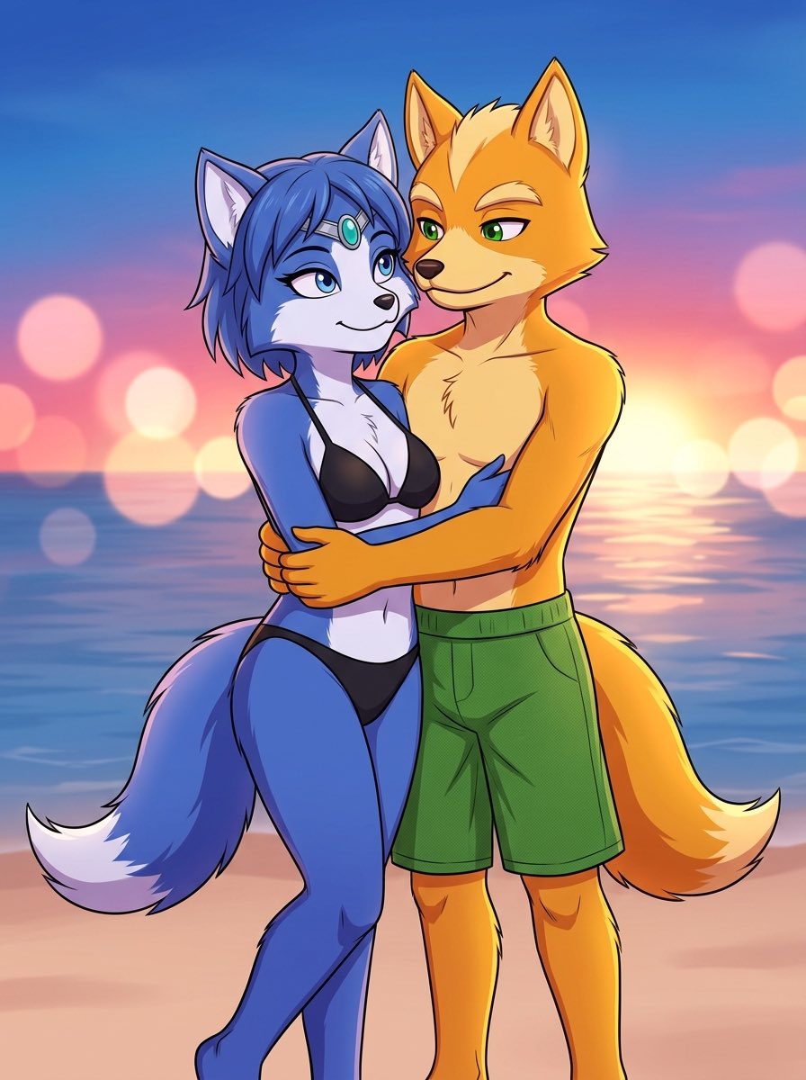 PiratePon's tweet photo. There is romance on the beach. #starfox #foxxkrystal #foxmccloud #krystal #aiarts #hetero #flow https://t.co/qjDBPwGrzQ