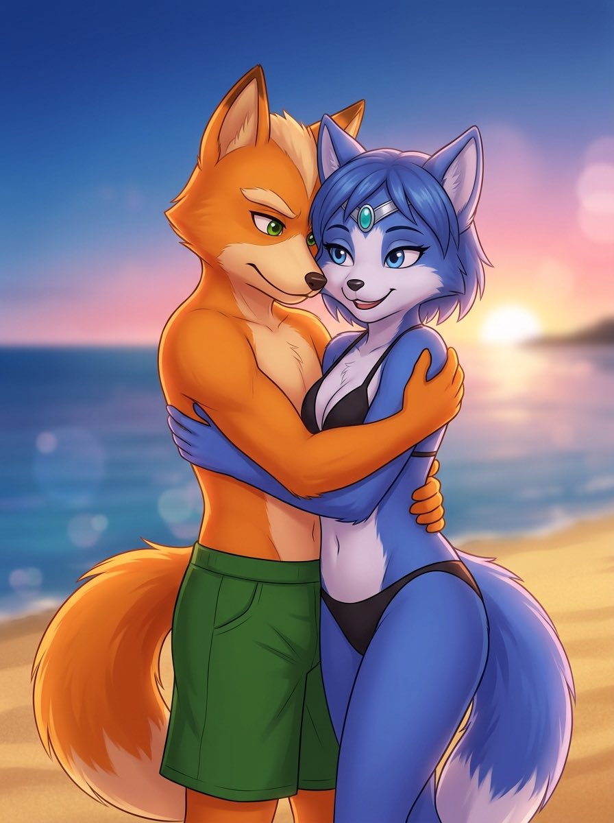 PiratePon's tweet photo. There is romance on the beach. #starfox #foxxkrystal #foxmccloud #krystal #aiarts #hetero #flow https://t.co/qjDBPwGrzQ