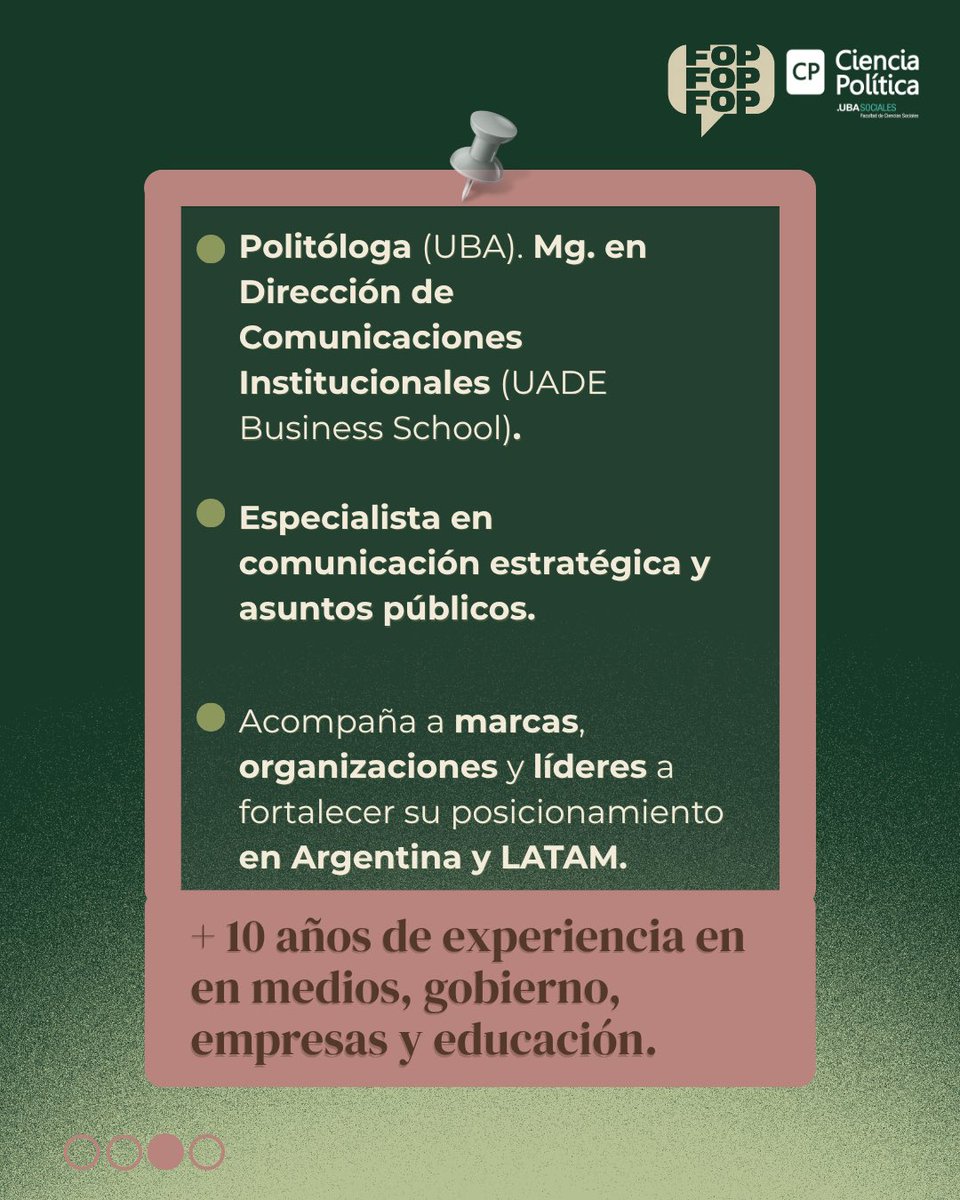CpoliticaUBA's tweet photo. 🎙️El Programa de Formación en Opinión Pública presenta un taller a cargo de Mariana Antista, especialista en comunicación estratégica y asuntos públicos.

📅 27, 28 y 29 de octubre

🗣️Próximamente anunciaremos más especialistas invitados.
🔗 https://t.co/kURNVsuGiB https://t.co/AedWc4FLUv