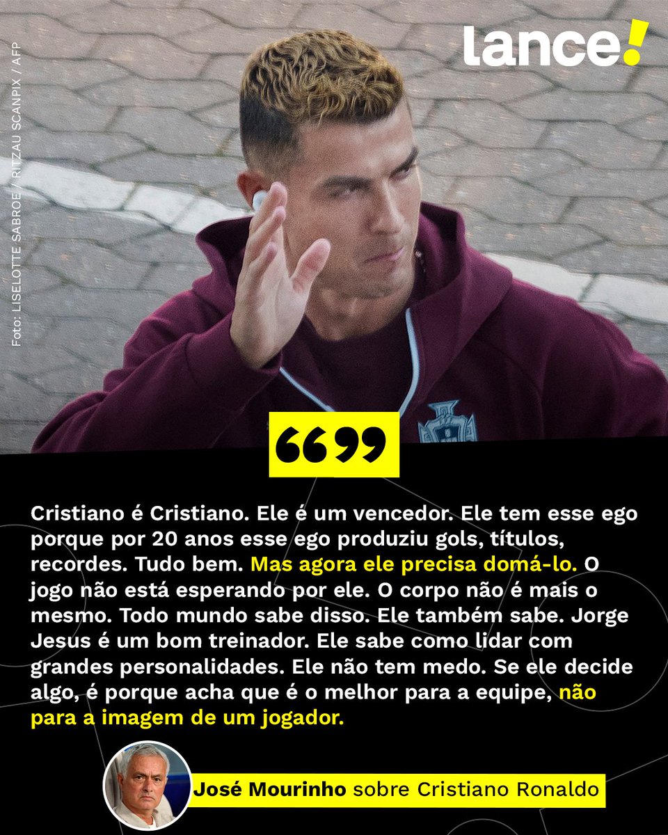 lancenet's tweet photo. "ELE PRECISA DOMÁ-LO" 🗣️🇵🇹👔
José Mourinho, treinador do Real Madrid, comentou sobre a polêmica saída de Cristiano Ronaldo da concentração de Portugal. O técnico afirmou que o ego do português produziu grandes feitos, mas que ele precisa "domá-lo".
#redes6 #LanceInforma #Aspa https://t.co/0Ex4Rv16aD