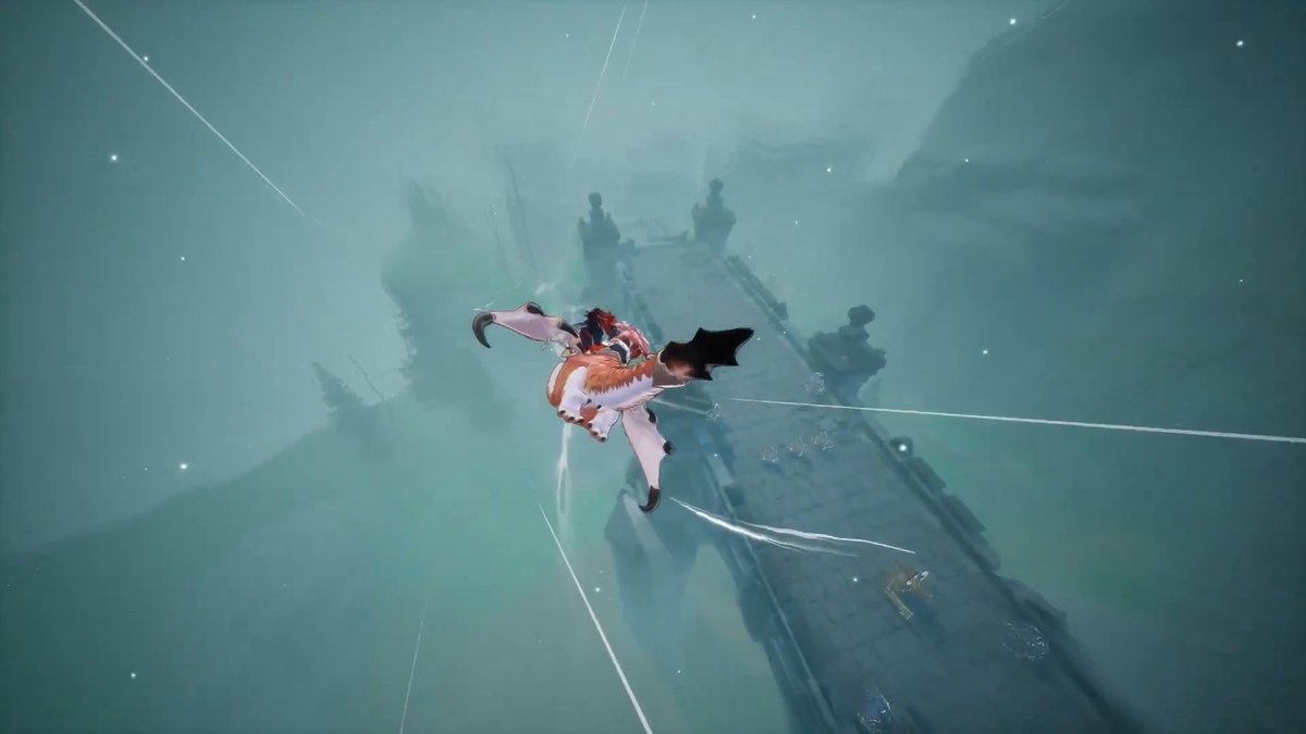 A screenshot from a video game showing a character riding a fantastical creature flying through a misty, teal-colored environment over an ancient stone structure.