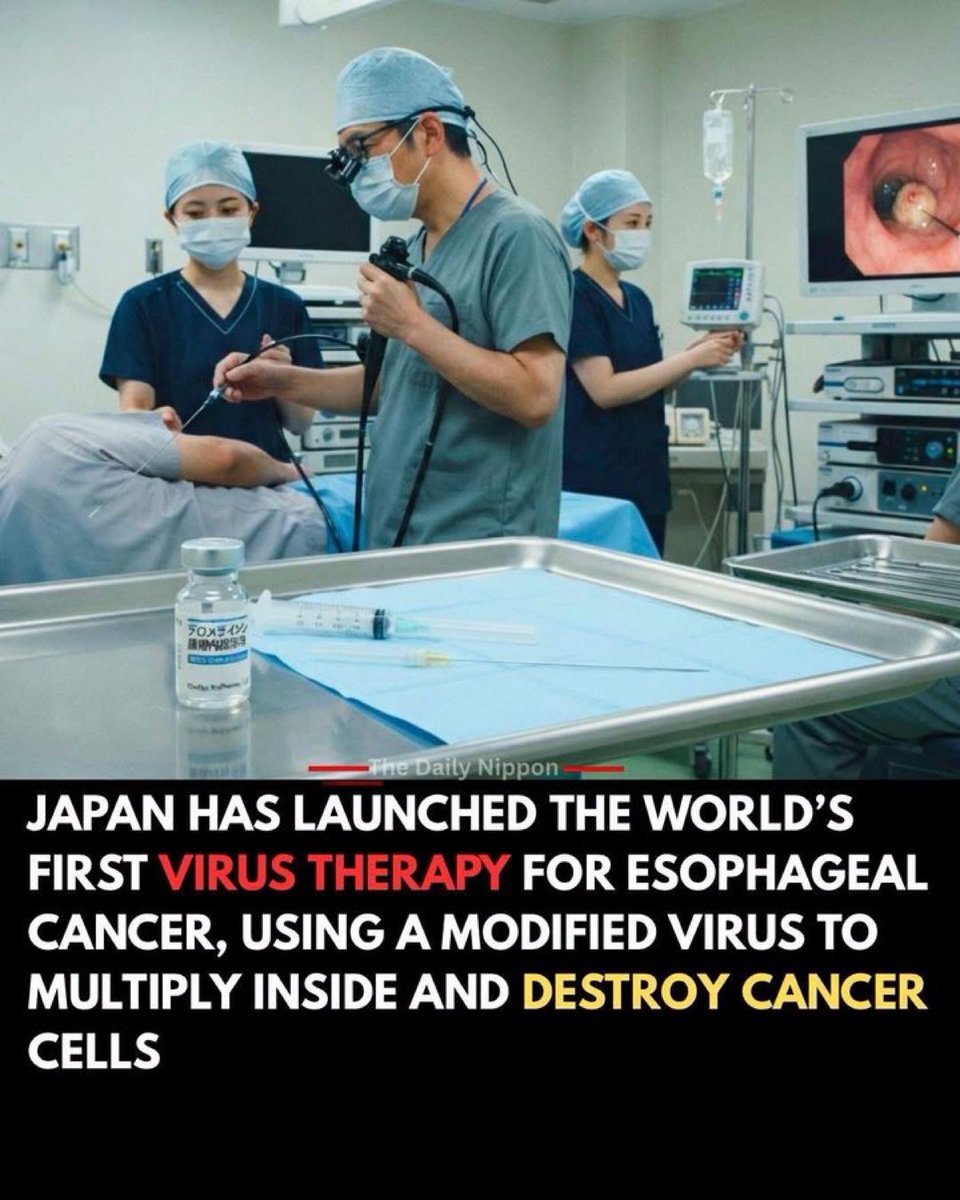 drpetesulack_'s tweet photo. 🧬 A Virus That Fights Cancer? Japan Just Approved One.

What if a virus could be designed to attack cancer instead of healthy tissue?

Japan has approved **Telomelysin**, a genetically modified adenovirus designed to multiply inside cancer cells and destroy them. The treatment is injected directly into an esophageal tumor using an endoscope and is given alongside radiation therapy.

But there’s an important catch.

Telomelysin is **not for every esophageal cancer patient**. Its approved use is for patients who cannot undergo curative surgery or chemoradiotherapy.

The treatment was scheduled to go on sale in Japan on **August 21, 2026**. The listed price is about **¥3.1 million per vial**, with a typical three-dose course costing around **¥9.3 million** before insurance coverage.

It’s a fascinating new chapter in cancer treatment: **using a modified virus as a weapon against tumors.**

*Important: Telomelysin is an approved treatment in Japan for a specific patient group—not a universal cancer cure.*

**Source: Oncolys BioPharma Inc. (2026). *Telomelysin (OBP-301) / Telomelysin product information.*
