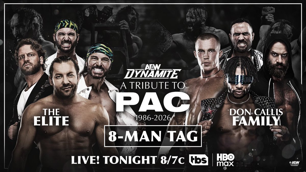 TonyKhan's tweet photo. A Tribute to @BASTARDPAC
8/7c, TONIGHT!
Wednesday Night #AEWDynamite
The Elite @KennyOmegamanX/@youngbucks + Hangman Page vs
@kylefletcherpro/@azucarRoc/@trentylocks/@Jet2Flyy
In honor of PAC, Kenny &amp; The Bucks will reunite with Hangman vs @TheDonCallis Family, TONIGHT! https://t.co/VJ5tj4pevH