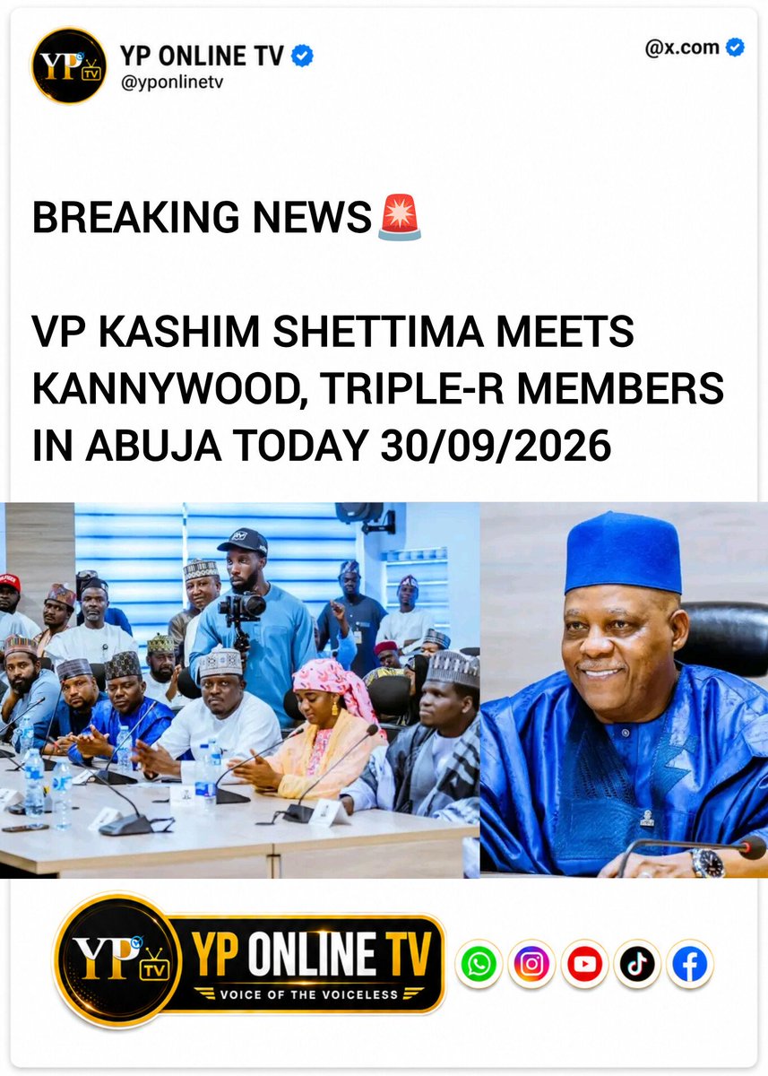 YPonlineTV's tweet photo. 🚨 BREAKING NEWS

VP KASHIM SHETTIMA MEETS KANNYWOOD, TRIPLE-R MEMBERS IN ABUJA

Vice President Senator Kashim Shettima has met with prominent Northern performing artists and members of the Kannywood entertainment industry under the platform of Triple-R for Renewed Hope. https://t.co/4hkf7wHGJD