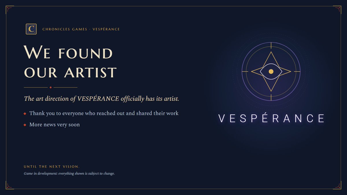 devchronicles1's tweet photo. Big news for VESPÉRANCE 🌙

We officially have our artist for the art direction.
Huge thanks to everyone who reached out and shared their work with us.

First up: AYLIS, the Forest of Mists and Karn. More news very soon.

Until the next vision 🧙‍♂️ https://t.co/6mF7IWIKZx