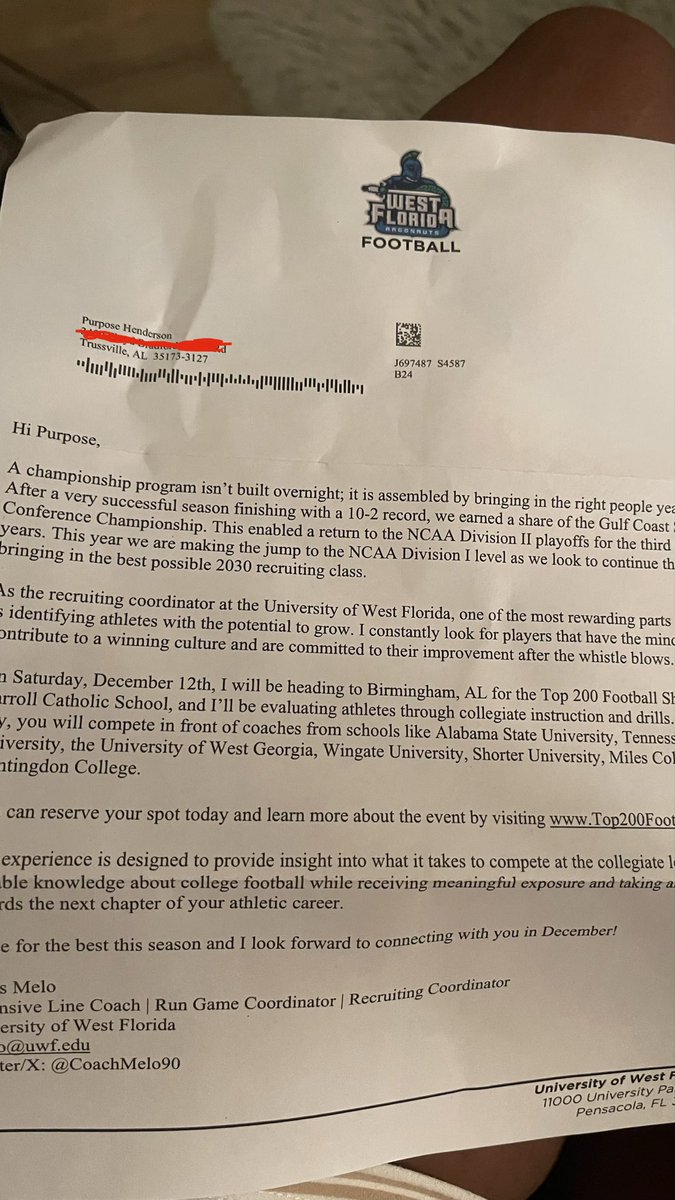Purpose_Hen's tweet photo. Very thankful for the camp invite West Florida I am forward to getting recognized and coming to your camp and proving a point!!💯@247Sports @247recruiting @AL_Recruiting @RecruitGeorgia @ExpoRecruits @BigFaceSportss https://t.co/pDM4ULyyCW