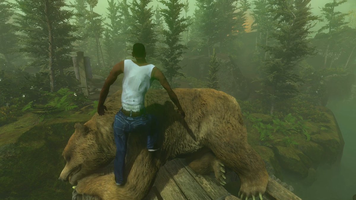 A video game screenshot showing a character in a white tank top and blue jeans riding on the back of a large brown bear in a foggy forest environment.