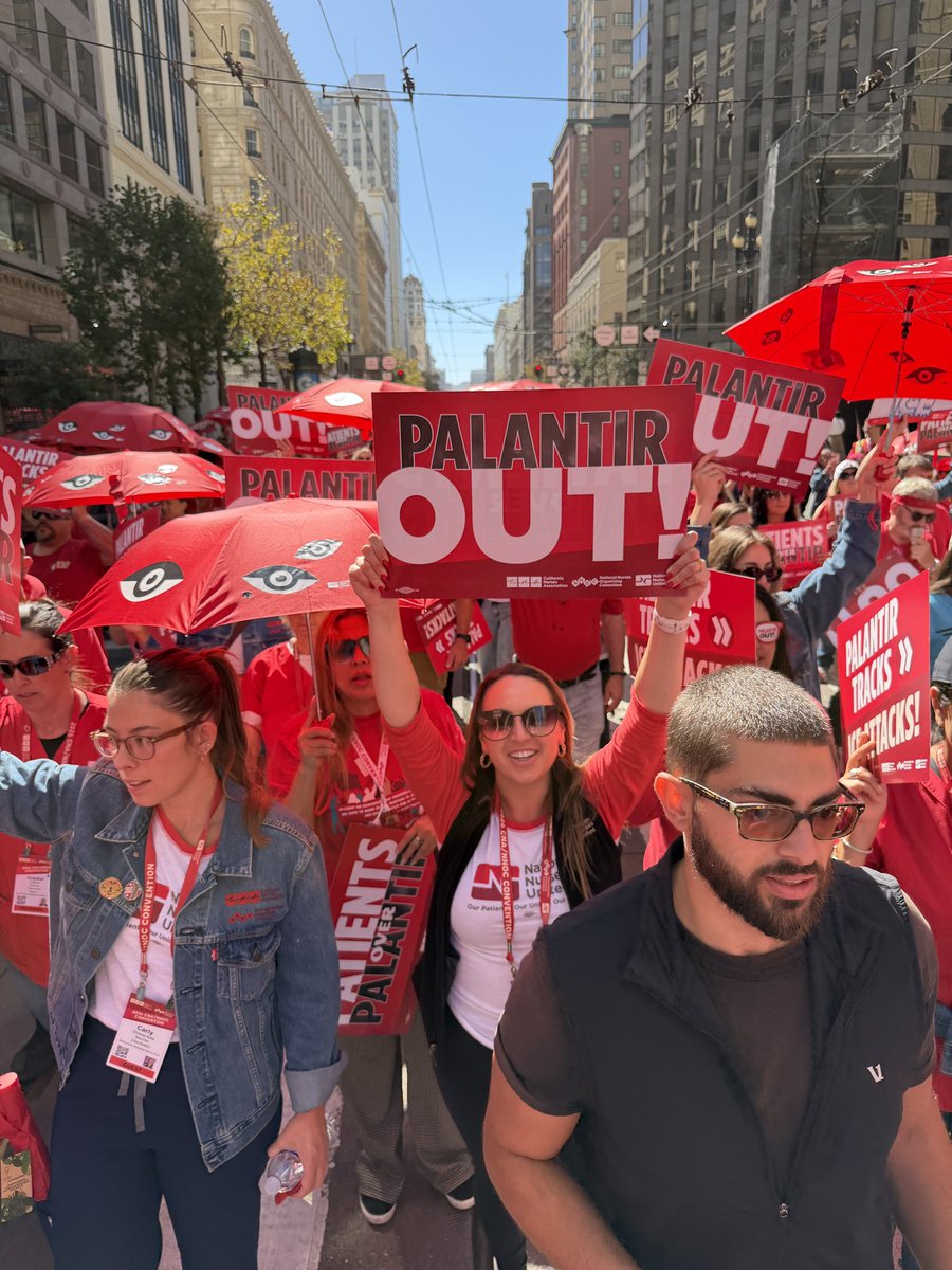 CalNurses's tweet photo. Thousands of nurses and taking over the streets of San Francisco and marching on ICE's detention center to protest Palantir tech in our communities and to demand our public resources go toward the benefit of working people. https://t.co/eMfFr3ED7e