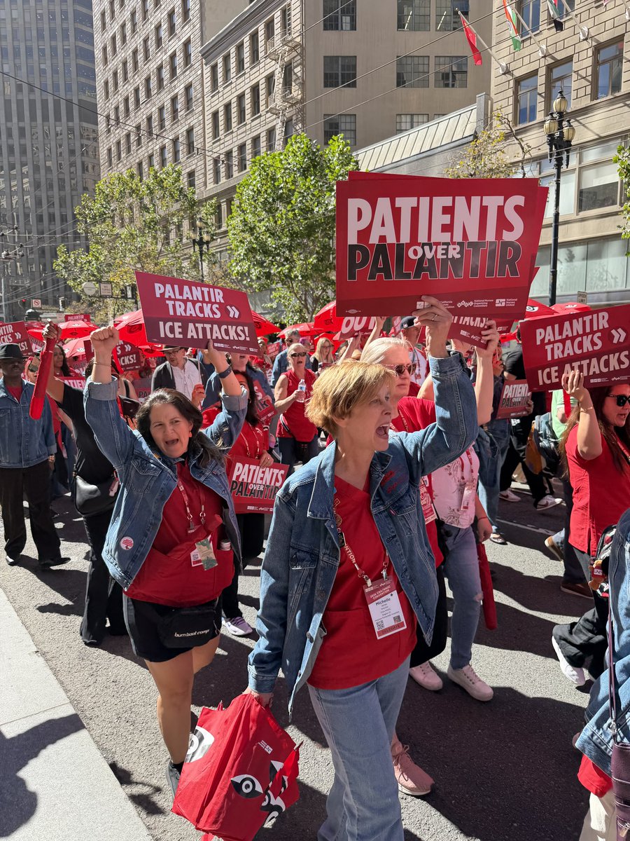 CalNurses's tweet photo. Thousands of nurses and taking over the streets of San Francisco and marching on ICE's detention center to protest Palantir tech in our communities and to demand our public resources go toward the benefit of working people. https://t.co/eMfFr3ED7e