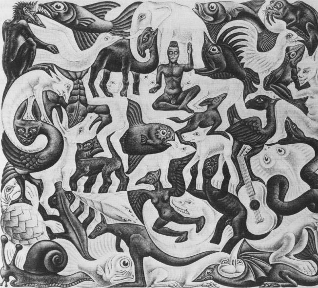linkedin_god's tweet photo. escher's mosaic ii (1957). the whole plane is packed edge to edge with black creatures, birds, fish, devils, hands. look again and the white gaps between them are creatures too. nothing is blank. every shape you did not draw got drawn anyway, the moment you drew its neighbour.

this is figure and ground. the background is not leftover space, it is a second picture with its own contents.

most choices have a hidden second picture like this. the customers you decided to serve trace the exact outline of the ones you left to someone else. what you leave out has edges too, and someone is living inside them.

from "gödel, escher, bach" by douglas hofstadter, fig. 14 (mosaic ii, m.c. escher, 1957)