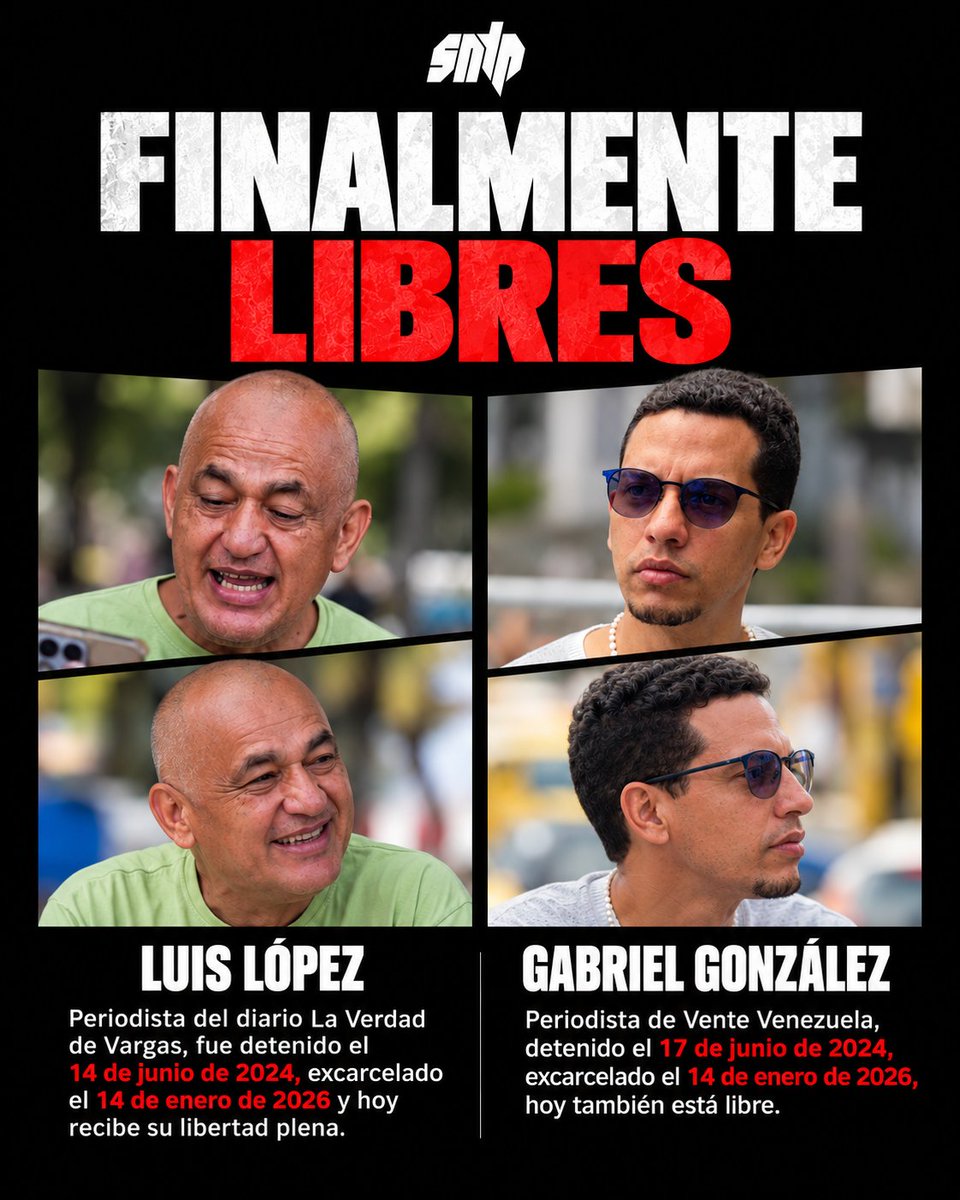 sntpvenezuela's tweet photo. #AHORA | El Tribunal Tercero de Juicio con competencia en terrorismo emitió este #30Sep una sentencia absolutoria que devuelve la libertad plena a los periodistas Luis López y Gabriel González y pone fin a más de dos años y tres meses de proceso judicial y medidas cautelares.
Ambos estuvieron presos cerca de 19 meses. Luis López fue detenido el 14 de junio de 2024 y Gabriel González, el 17 de junio de ese año. Los dos fueron excarcelados el 14 de enero de 2026, pero siguieron sometidos a juicio y medidas cautelares.
Su libertad plena fue una exigencia sostenida por el SNTP. Durante todo este tiempo reclamamos las detenciones arbitrarias ante el Programa para la Paz y en una reunión con la misma Presidenta interina, pero no obtuvimos respuesta ni solución. 
Ahora, en el contexto del diálogo y la exigencia de poner fin a los procesos judiciales contra periodistas, el tribunal emitió la sentencia absolutoria.
A Luis López le habían imputado los delitos de asociación para delinquir e instigación al odio. A Gabriel González, incitación al odio y asociación.