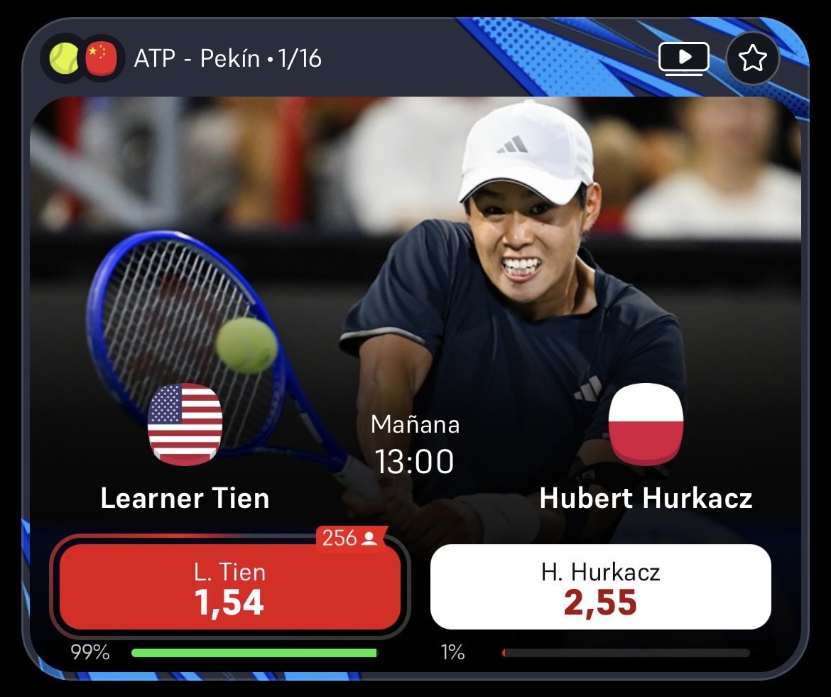 Pronosticosfizz's tweet photo. PRONÓSTICO CON MUCHO VALOR🫡

Mañana Learner Tien debería ganar MUY fácil a Hubert Hurkacz en el ATP Pekín. He dejado un STAKAZO 10 en mi canal.

➡️ Aquí os argumento el pronóstico: https://t.co/BrVBxfJcex

Le ves alguna posibilidad al polaco? Te leo! https://t.co/84B4zIPkHc