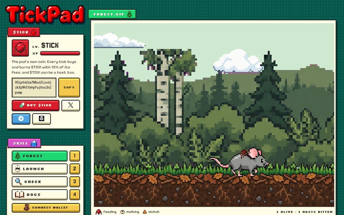 tickpaddotfun's tweet photo. No admin key can move a tick's belly, its purse, a vote or the LP.

The keeper only pushes the steps the program allows, and every feed, drink and drop-off is an event on chain you can read in the forest log.

https://t.co/SBe3SP2TDA https://t.co/p7CyJveKiQ