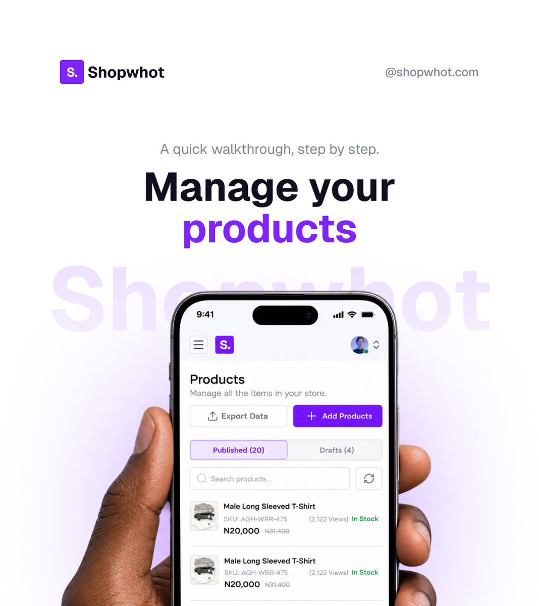 shopwhotlimited's tweet photo. Hi Sellers,    

We’re back with Episode 3 of Shopwhot 101! 👋🏾  

This time, we're showing you how to manage the products you've already added.   

Let's keep your store up to date.   

#Shopwhot #Shopwhot101 #OwnYourBusiness #SellOnline #OnlineStore #BusinessOwner https://t.co/MouHltlSqK