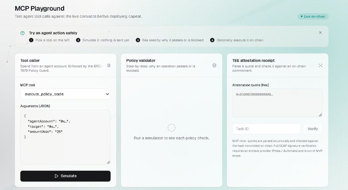 zeroagentnet's tweet photo. Test agent tool calls against live contracts before deploying a single dollar of capital.

The ZeroAgent MCP Playground (https://t.co/5xQKJjAQDS) is live, providing developers with a complete interactive sandbox to inspect and verify autonomous workflows safely.

Our split-view workspace lets you:

Test Tool Callers: Experiment with standard MCP definitions like execute_policy_trade and manage parameters in real-time. 

Simulate ERC-7579 Policies: Inspect step-by-step why an operation passes or gets blocked by on-chain guardrails before execution.

Parse TEE Attestation Receipts: Validate hardware enclave quotes and commitments against live on-chain contracts.

Bridge AI reasoning with secure, verifiable execution. Explore the playground today at https://t.co/5xQKJjAQDS.