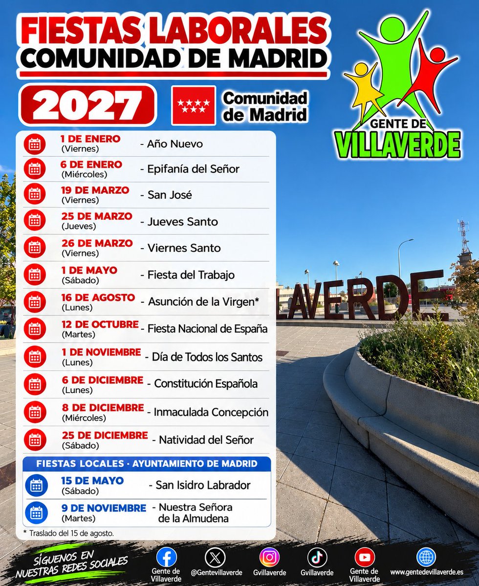 GenteVillaverde's tweet photo. 📅 ¡VECINOS Y VECINAS DE VILLAVERDE, FESTIVOS DE 2027!

Estos serán los festivos de Madrid en 2027, incluyendo los locales del Ayuntamiento de Madrid.

#Villaverde #GenteDeVillaverde #Madrid #Festivos2027 #Calendario2027 https://t.co/tmAKKTWSnk