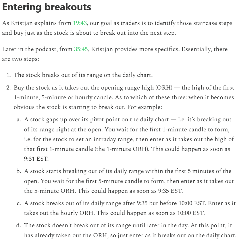 KynaKosling's tweet photo. Someone today asked me for an overview of @Qullamaggie’s strategy.

…which is a great reminder that it’s been 3 years since I did that kind of writing.

I covered breakouts here: https://t.co/c7OjDoZ6GI

And EPs here: https://t.co/VRTUibN3jQ

(Don’t judge the writing. I had much to learn.)

But I can’t stress enough that you cannot just blindly copy someone else’s strategy and expect the same results. The environment isn’t the same.

More importantly, *you* are not *them*.

Your success depends on ingredients that revolve around YOU — because this business takes hard work and acceptance of suboptimal decision-making.

Trading means taking risk. And that’s uncomfortable. Particularly because, by design, the markets show you just how money you left on the table.

So, how much discomfort can you stomach? What kind can you stomach?

Not going through the hard work of idea clarity + refinement, along with a good amount of introspection, is a recipe for failure. Because you’ll be unable to stick with your (uncomfortable) approach.

Develop an approach that brings out your strengths, mitigates your weaknesses, and generally just works for your personality, goals and lifestyle.

You’re not Qullamaggie.

But you’re you.

And no one can beat you at being you.
