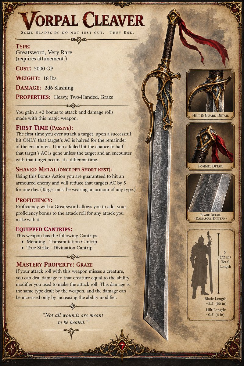 Rezart_DrelZik's tweet photo. Weapon Wednesday!
A greatsword to shave away some AC to help hit those armoured and high AC enemies.
#WeaponWednesday #homebrewdnd #dnd https://t.co/ey3My0QLi4