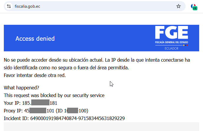 usuariosdigital's tweet photo. #AlertaDigitalEC
Usuarios en Ecuador denuncian bloqueo vía IP para acceder a sitio de @FiscaliaEcuador 
⚠️Probamos con VPN, y por ejemplo con IP de Francia y presenta igual bloqueo https://t.co/7b9UABq9mL